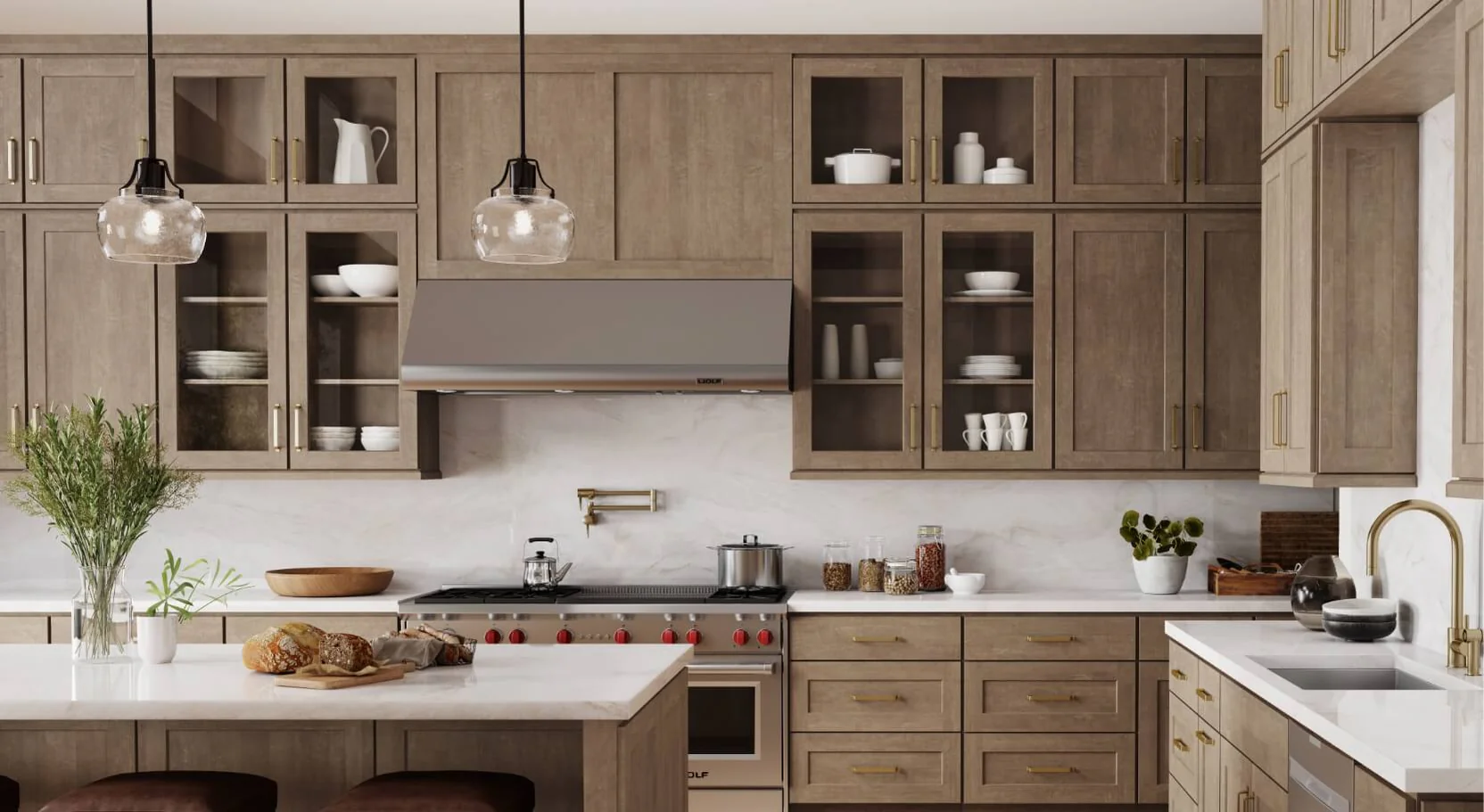 Wide kitchen with wood cabinetry, glass-front uppers and a large island